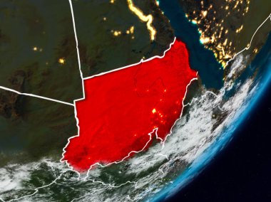 Sudan Planet Earth görünür ülke sınırları ile gece uzaydan. 3D çizim. Nasa tarafından döşenmiş bu görüntü unsurları.