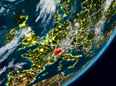 İsviçre Planet Earth görünür ülke sınırları ile gece uzaydan. 3D çizim. Nasa tarafından döşenmiş bu görüntü unsurları.