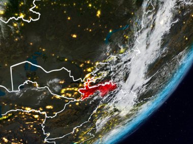 Tacikistan Planet Earth görünür ülke sınırları ile gece uzaydan. 3D çizim. Nasa tarafından döşenmiş bu görüntü unsurları.