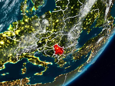 Sırbistan Planet Earth görünür ülke sınırları ile gece uzaydan. 3D çizim. Nasa tarafından döşenmiş bu görüntü unsurları.