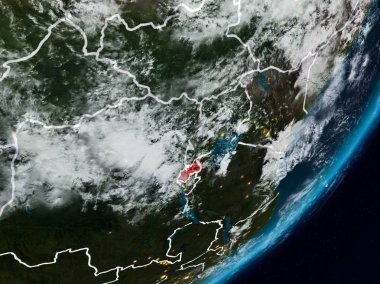 Ruanda Planet Earth görünür ülke sınırları ile gece uzaydan. 3D çizim. Nasa tarafından döşenmiş bu görüntü unsurları.