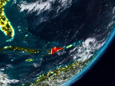 Dominik Cumhuriyeti Planet Earth görünür ülke sınırları ile gece uzaydan. 3D çizim. Nasa tarafından döşenmiş bu görüntü unsurları.