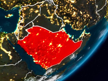 Suudi Arabistan Planet Earth görünür ülke sınırları ile gece uzaydan. 3D çizim. Nasa tarafından döşenmiş bu görüntü unsurları.