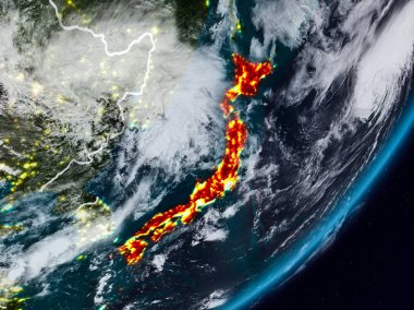 Gezegeni uzaydan görünür ülke sınırları ile gece Japonya. 3D çizim. Nasa tarafından döşenmiş bu görüntü unsurları.
