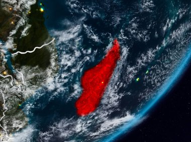 Madagaskar Planet Earth görünür ülke sınırları ile gece uzaydan. 3D çizim. Nasa tarafından döşenmiş bu görüntü unsurları.