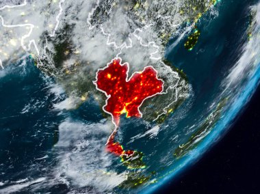 Tayland Planet Earth görünür ülke sınırları ile gece uzaydan. 3D çizim. Nasa tarafından döşenmiş bu görüntü unsurları.