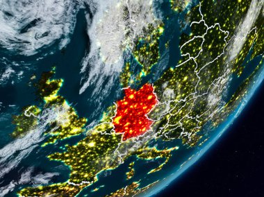 Almanya Planet Earth görünür ülke sınırları ile gece uzaydan. 3D çizim. Nasa tarafından döşenmiş bu görüntü unsurları.
