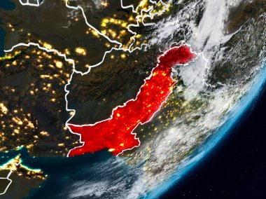 Pakistan görünür ülke sınırları ile gece gezegeni uzaydan. 3D çizim. Nasa tarafından döşenmiş bu görüntü unsurları.
