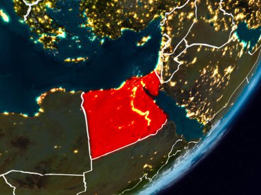Mısır'dan alan Planet Earth görünür ülke sınırları ile gece. 3D çizim. Nasa tarafından döşenmiş bu görüntü unsurları.