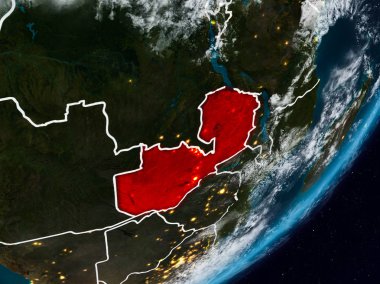 Zambiya Planet Earth görünür ülke sınırları ile gece uzaydan. 3D çizim. Nasa tarafından döşenmiş bu görüntü unsurları.