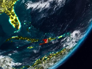 Haiti Planet Earth görünür ülke sınırları ile gece uzaydan. 3D çizim. Nasa tarafından döşenmiş bu görüntü unsurları.