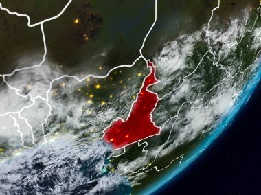 Kamerun Planet Earth görünür ülke sınırları ile gece uzaydan. 3D çizim. Nasa tarafından döşenmiş bu görüntü unsurları.