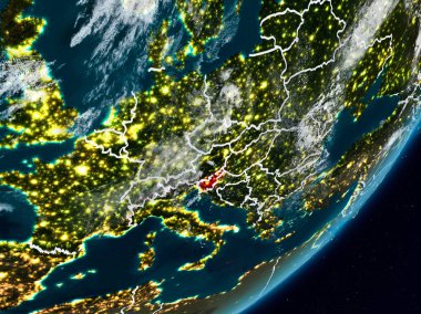 Slovenya Planet Earth görünür ülke sınırları ile gece uzaydan. 3D çizim. Nasa tarafından döşenmiş bu görüntü unsurları.