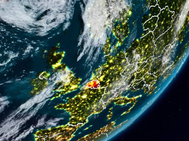 Belçika Planet Earth görünür ülke sınırları ile gece uzaydan. 3D çizim. Nasa tarafından döşenmiş bu görüntü unsurları.