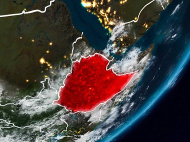 Etiyopya Planet Earth görünür ülke sınırları ile gece uzaydan. 3D çizim. Nasa tarafından döşenmiş bu görüntü unsurları.
