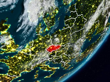 Çek Cumhuriyeti Planet Earth görünür ülke sınırları ile gece uzaydan. 3D çizim. Nasa tarafından döşenmiş bu görüntü unsurları.
