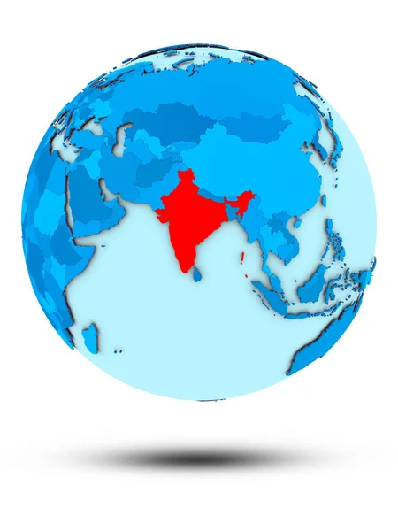印度在蓝色地球被隔绝在白色背景 — 图库照片