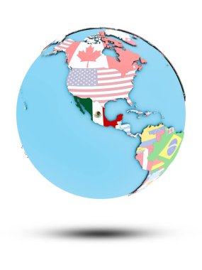 Meksika beyaz arka plan üzerinde izole ülke bayrakları ile siyasi dünya üzerinde. 3D çizim.