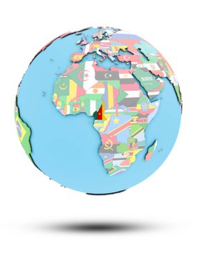 Kamerun ülke bayrakları beyaz arka plan üzerinde izole ile siyasi dünya üzerinde. 3D çizim.