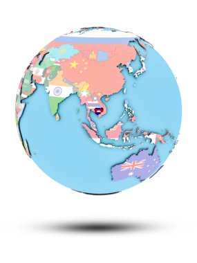 Kamboçya Ulusal bayrak beyaz arka plan üzerinde izole ile siyasi dünya üzerinde. 3D çizim.