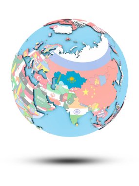 Kazakistan Beyaz arka plan üzerinde izole ülke bayrakları ile siyasi dünya üzerinde. 3D çizim.