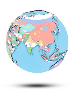 Bhutan ulusal bayrak beyaz arka plan üzerinde izole ile siyasi dünya üzerinde. 3D çizim.