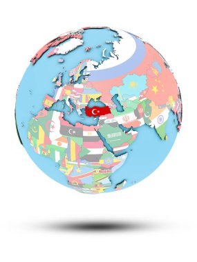 Türkiye beyaz arka plan üzerinde izole ülke bayrakları ile siyasi dünya üzerinde. 3D çizim.