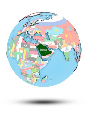 Beyaz arka plan üzerinde izole ülke bayrakları ile siyasi dünya üzerinde Suudi Arabistan. 3D çizim.