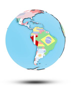 Peru beyaz arka plan üzerinde izole ülke bayrakları ile siyasi dünya üzerinde. 3D çizim.