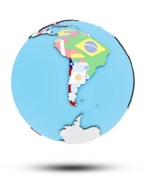 Şili Ulusal bayrak beyaz arka plan üzerinde izole ile siyasi dünya üzerinde. 3D çizim.