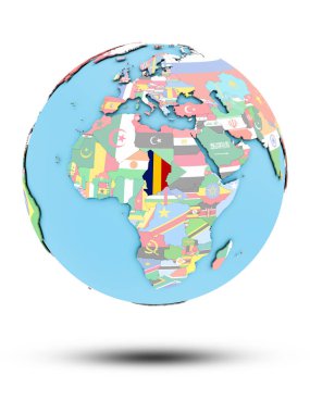 Chad beyaz arka plan üzerinde izole ülke bayrakları ile siyasi dünya üzerinde. 3D çizim.