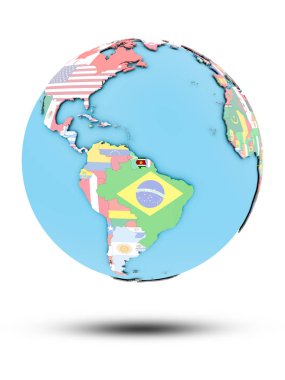 Surinam ulusal bayrak beyaz arka plan üzerinde izole ile siyasi dünya üzerinde. 3D çizim.