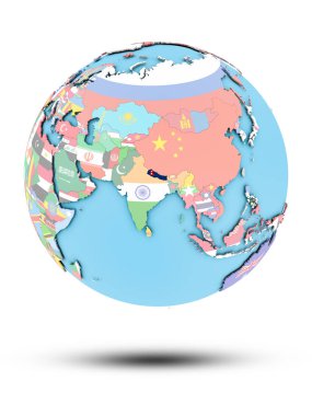 Nepal ulusal bayrak beyaz arka plan üzerinde izole ile siyasi dünya üzerinde. 3D çizim.