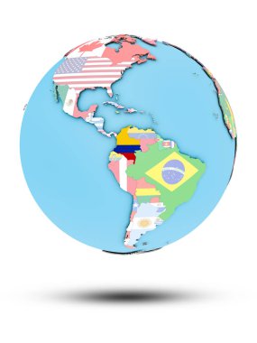 Kolombiya beyaz arka plan üzerinde izole ülke bayrakları ile siyasi dünya üzerinde. 3D çizim.