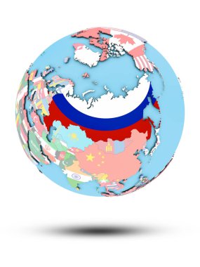 Rusya Ulusal bayrak beyaz arka plan üzerinde izole ile siyasi dünya üzerinde. 3D çizim.