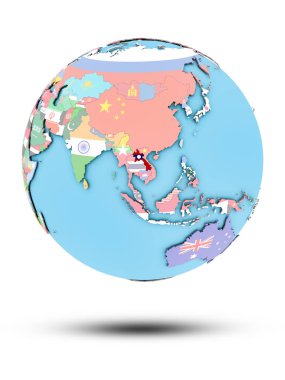 Laos ulusal bayrak beyaz arka plan üzerinde izole ile siyasi dünya üzerinde. 3D çizim.