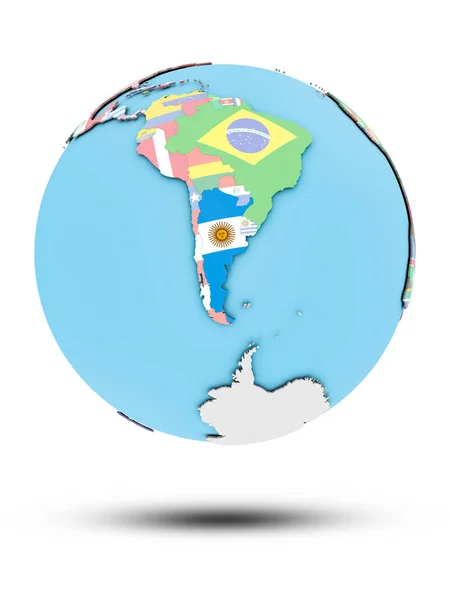 Argentina Politiska Jordglob Med Nationsflaggor Isolerad Vit Bakgrund Illustration — Stockfoto