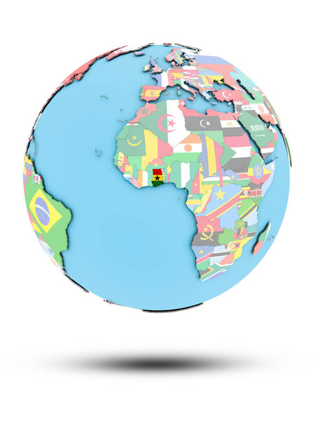 Ghana on political globe with national flags isolated on white background. 3D illustration.