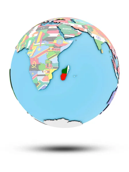 Мадагаскар Политическом Глобусе Национальными Флагами Изолированными Белом Фоне Иллюстрация — стоковое фото