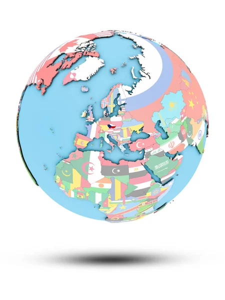 Чешская Республика Политическом Глобусе Национальными Флагами Изолированы Белом Фоне Иллюстрация — стоковое фото
