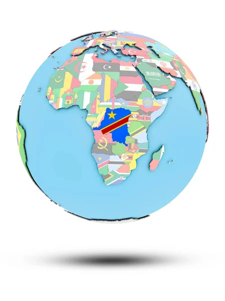 Demokratiska Republiken Kongo Politiska Jordglob Med Nationsflaggor Isolerad Vit Bakgrund — Stockfoto