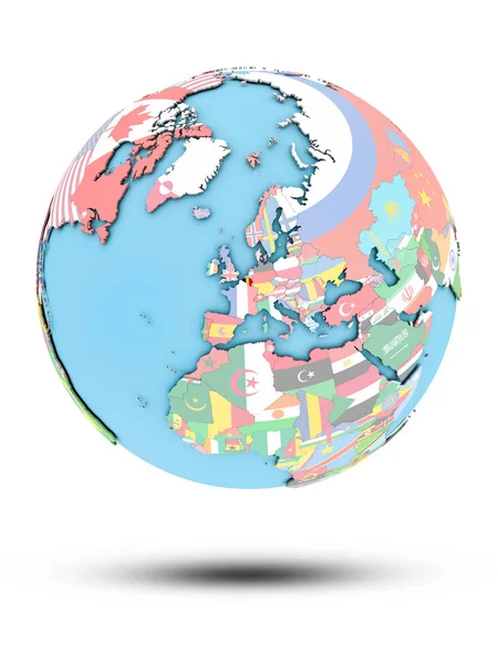 Бельгия Политическом Глобусе Национальными Флагами Изолированы Белом Фоне Иллюстрация — стоковое фото