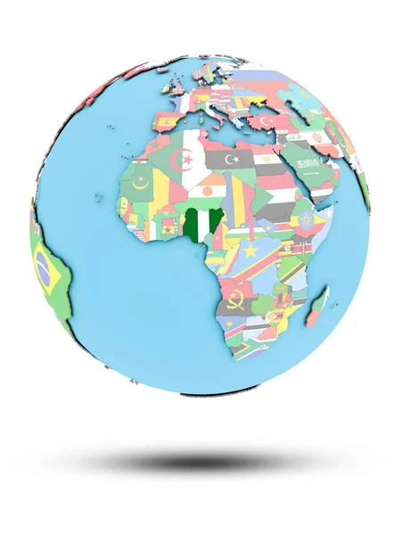 Nigeria Politieke Wereldbol Met Nationale Vlaggen Geïsoleerd Een Witte Achtergrond — Stockfoto