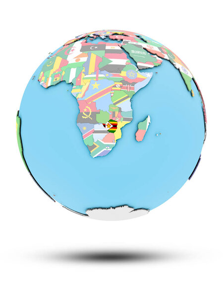 Zimbabwe on political globe with national flags isolated on white background. 3D illustration.