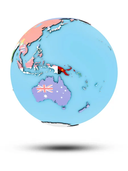 巴布亚新几内亚在政治地球与国旗被隔绝在白色背景 — 图库照片