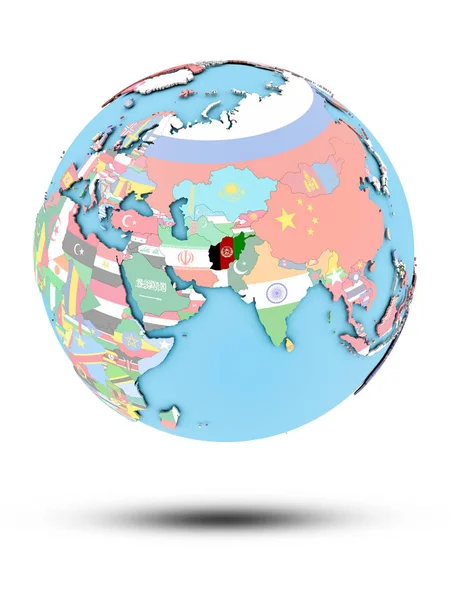 Afghanistan on political globe with national flags isolated on white background. 3D illustration.