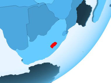 Lesotho kırmızı şeffaf okyanuslar ile mavi siyasi dünya üzerinde. 3D çizim.