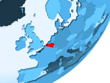 Belçika kırmızı şeffaf okyanuslar ile mavi siyasi dünya üzerinde. 3D çizim.