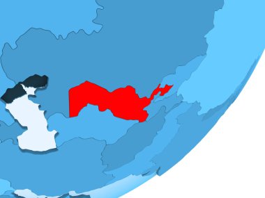 Özbekistan kırmızı şeffaf okyanuslar ile mavi siyasi dünya üzerinde. 3D çizim.