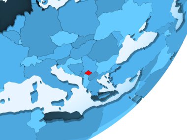 Kosova kırmızı şeffaf okyanuslar ile mavi siyasi dünya üzerinde. 3D çizim.